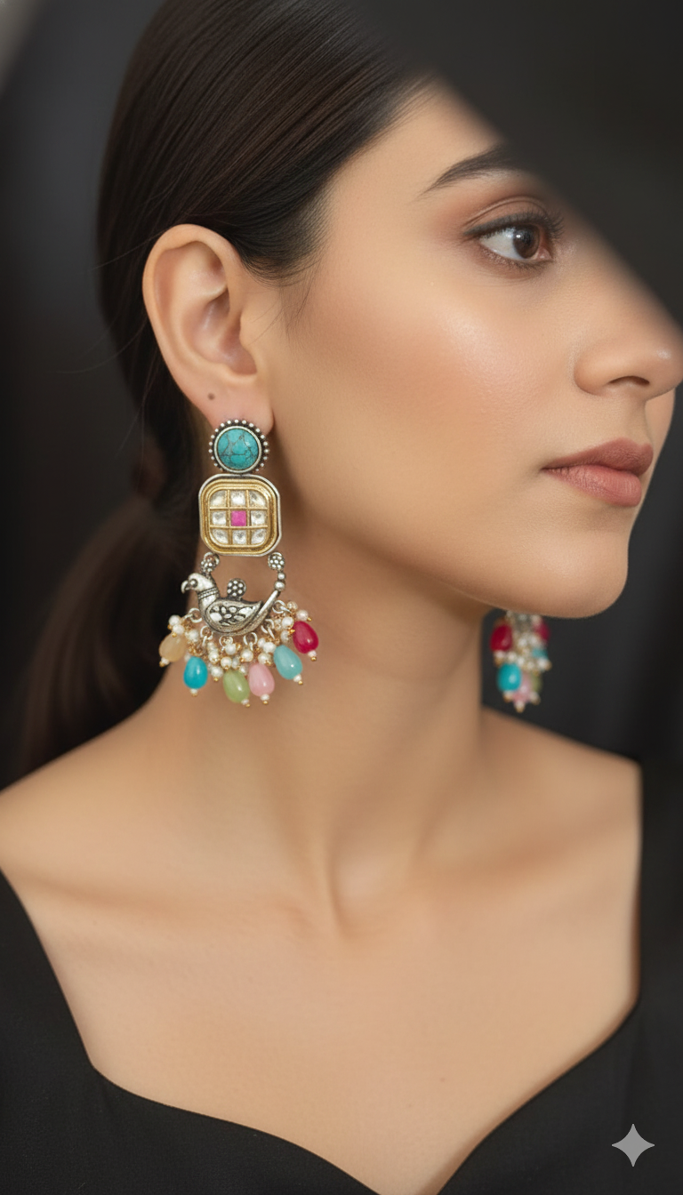 Antique Silver-Toned Peacock Jhumka Earrings with Multi-Color Stone Drops
