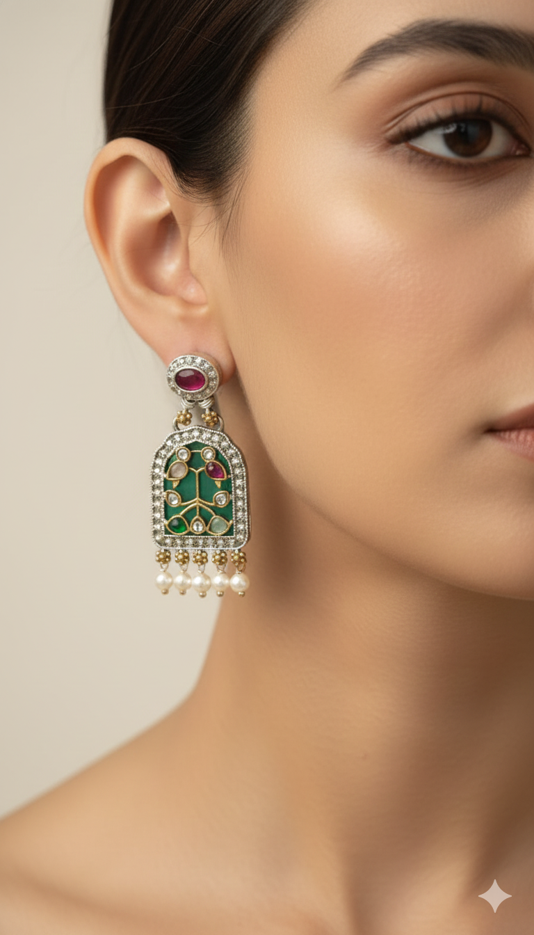 German Silver Kundan Pearl Drop Earrings