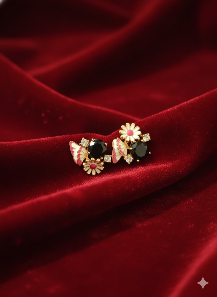 Elegant Turquoise & Pink Floral Butterfly Stud Earrings