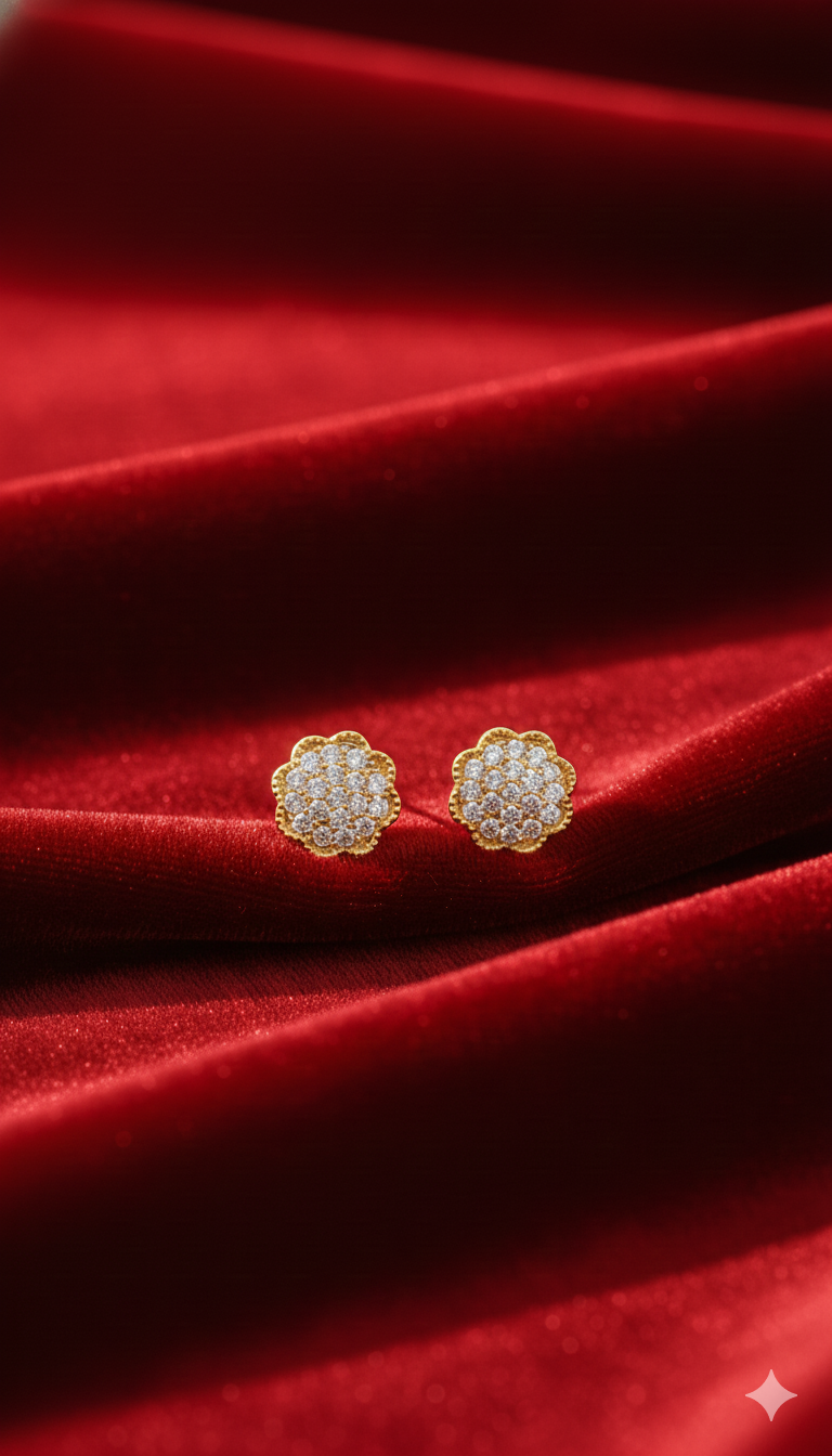 Gold Floral Stud Earrings with White Stone Cluster