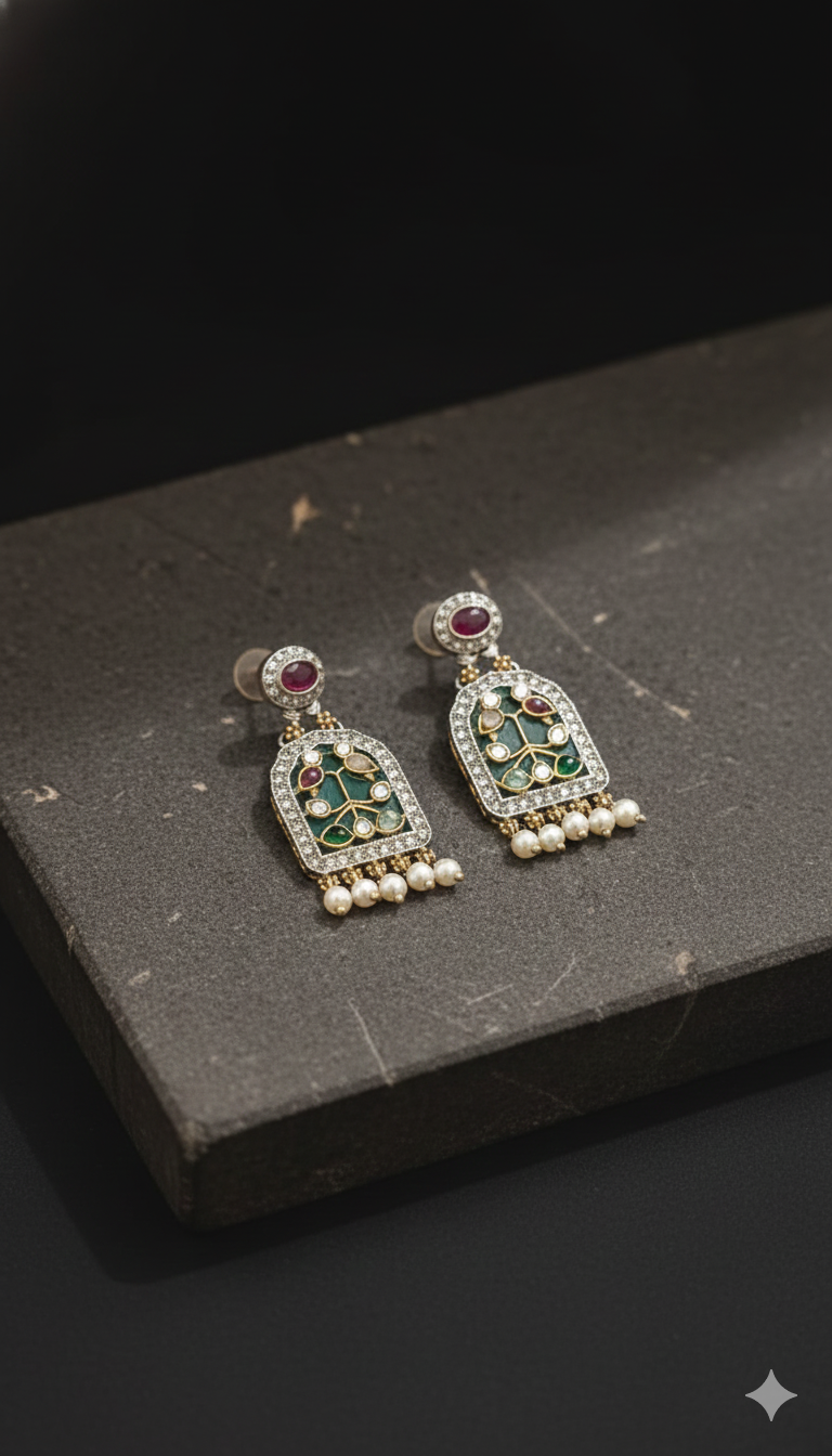 German Silver Kundan Pearl Drop Earrings