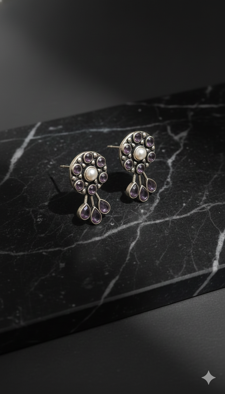 German Silver Pearl & Amethyst Drop Earrings