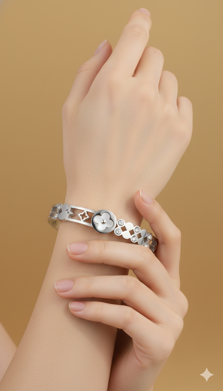 Silver Mother-of-Pearl Floral Crystal Hinged Bangle Bracelet