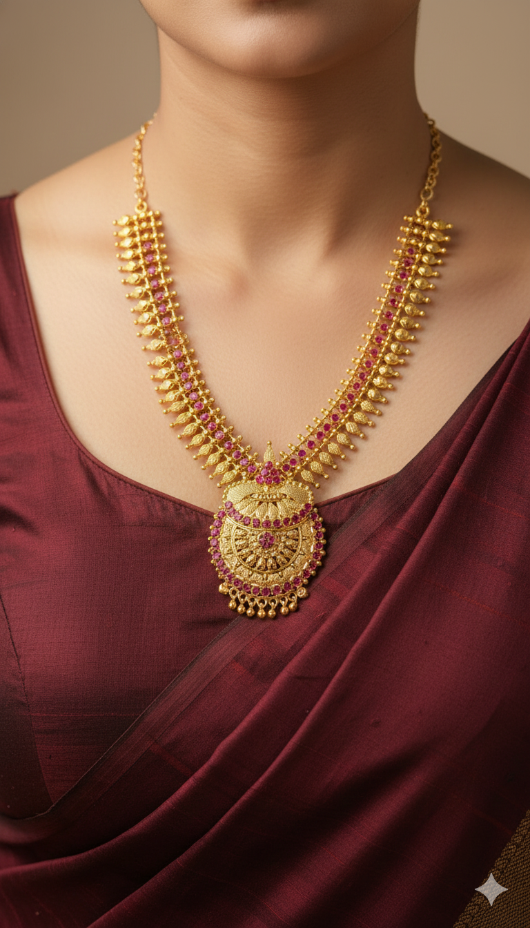 Traditional Maharashtrian Ruby-Pink Antique Tanmani Haar Necklace – 1 Gram Gold Polish