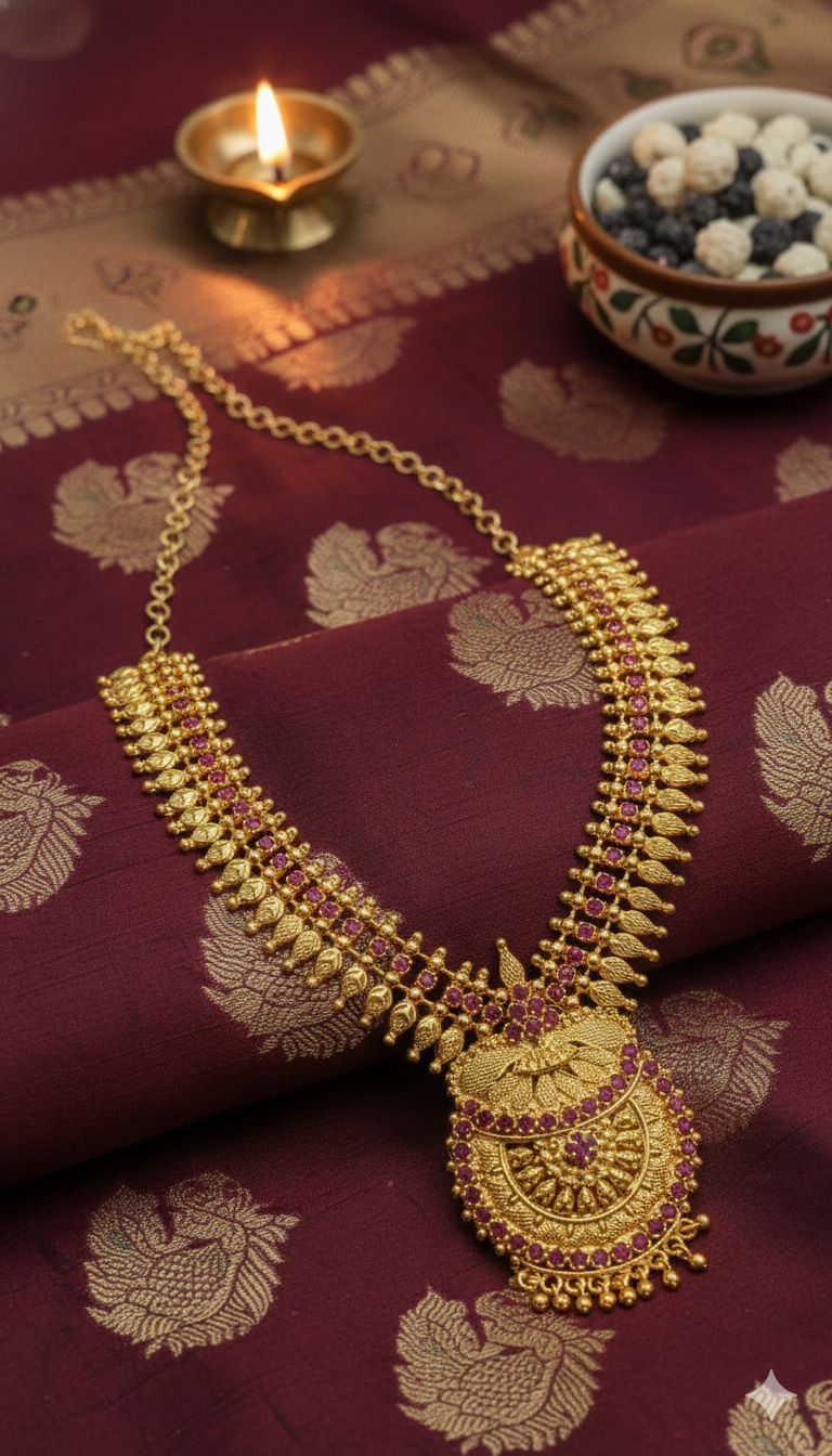 Traditional Maharashtrian Ruby-Pink Antique Tanmani Haar Necklace – 1 Gram Gold Polish
