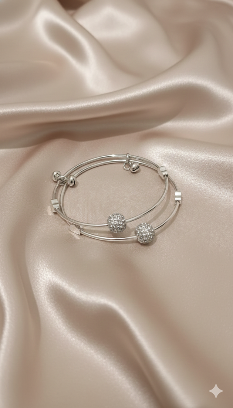 Silver Adjustable Crystal Ball Bangle Set
