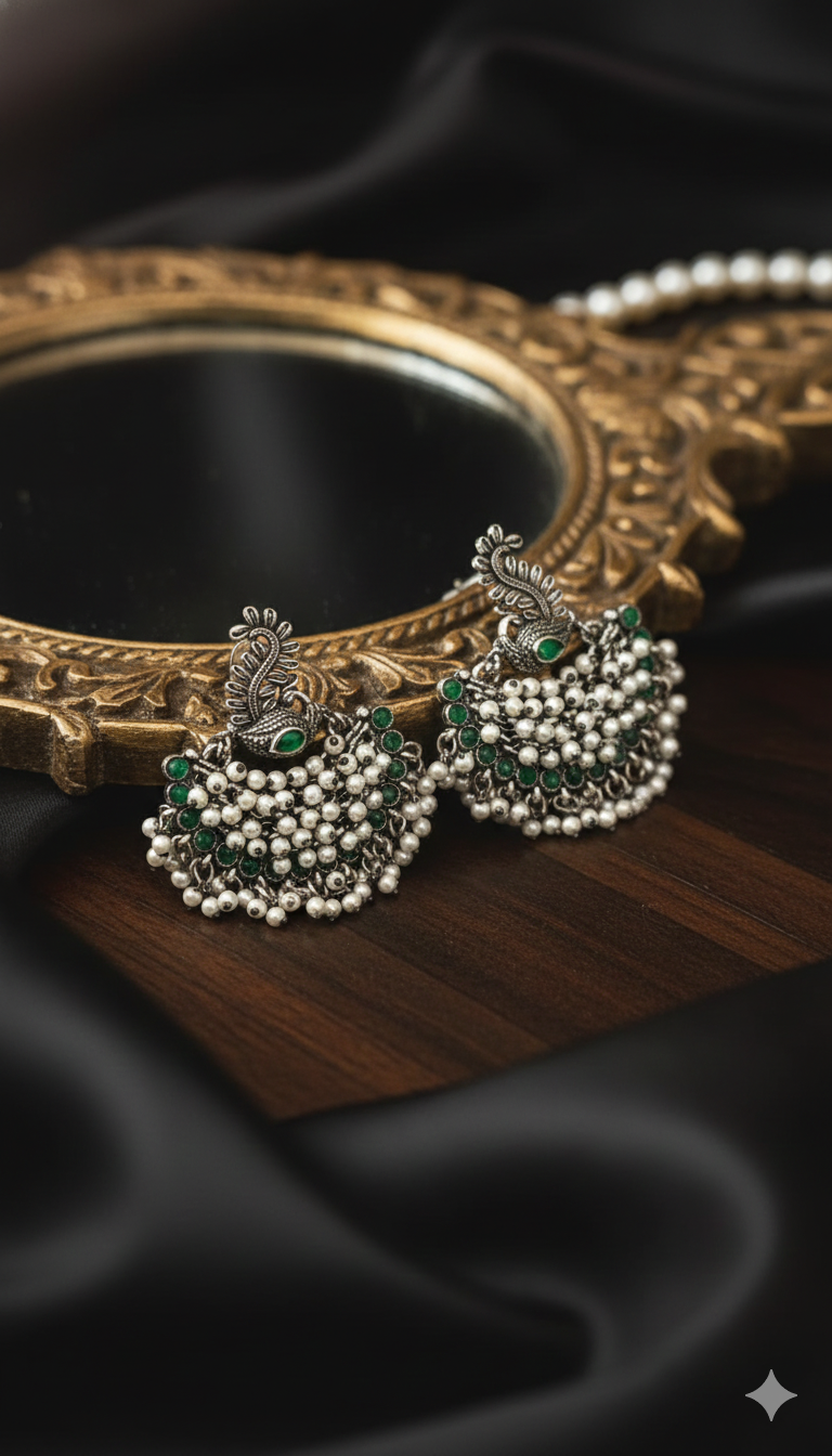 Handcrafted Peacock-Inspired Emerald Green Statement Earrings