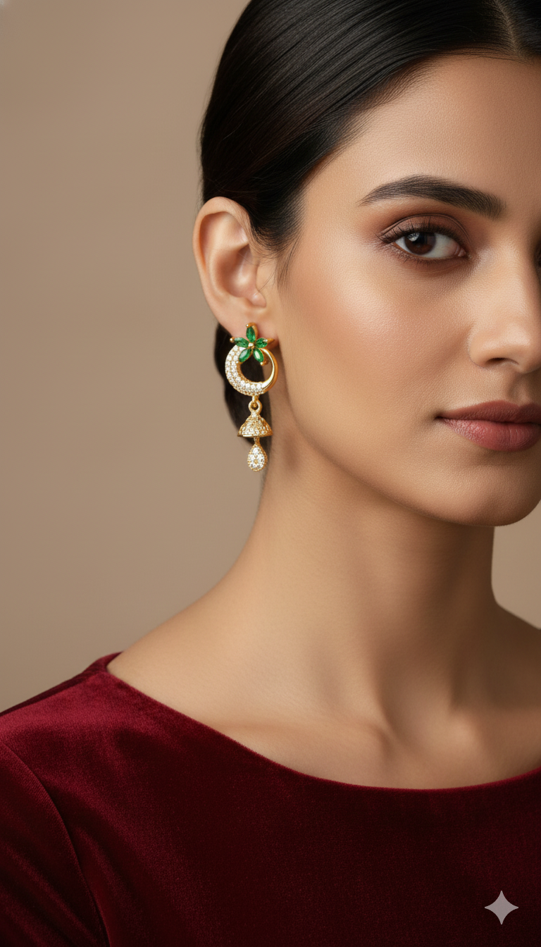 Gold CZ Green Leaf Drop Earrings with Jhumka Design