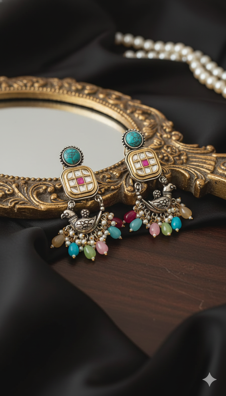 Antique Silver-Toned Peacock Jhumka Earrings with Multi-Color Stone Drops