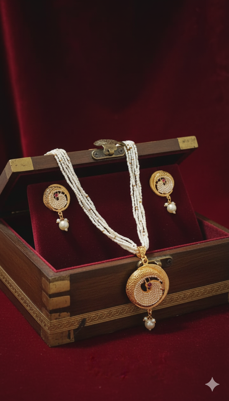 Antique Gold Pearl Beaded Pendant Necklace Set