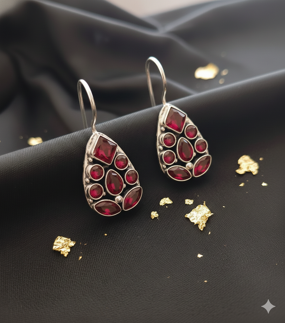 German Silver Ruby-Red Teardrop Earrings