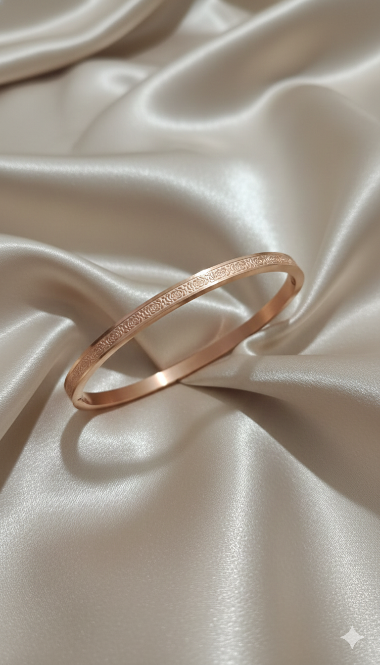 Rose Gold Engraved Floral Slim Bangle Bracelet