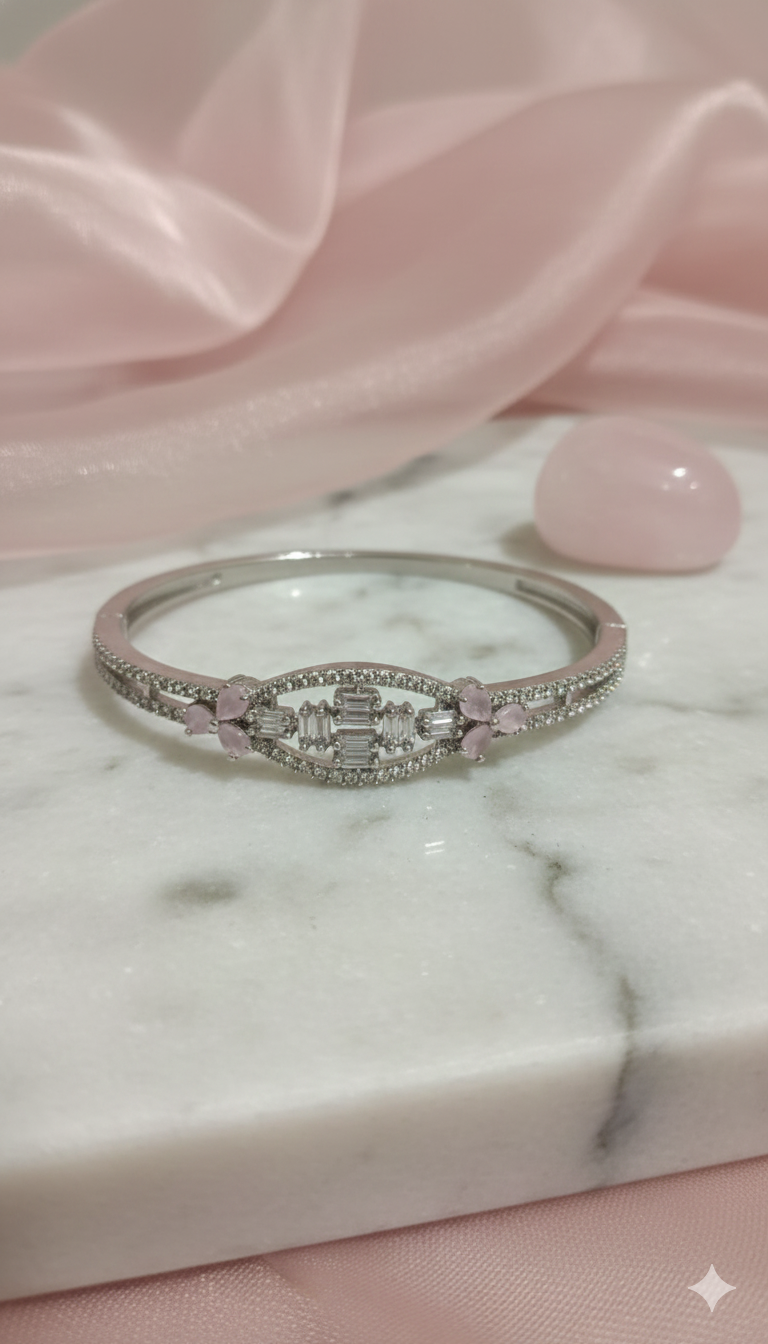 Silver-Toned Oval Crystal Bangle Bracelet with Floral Accent