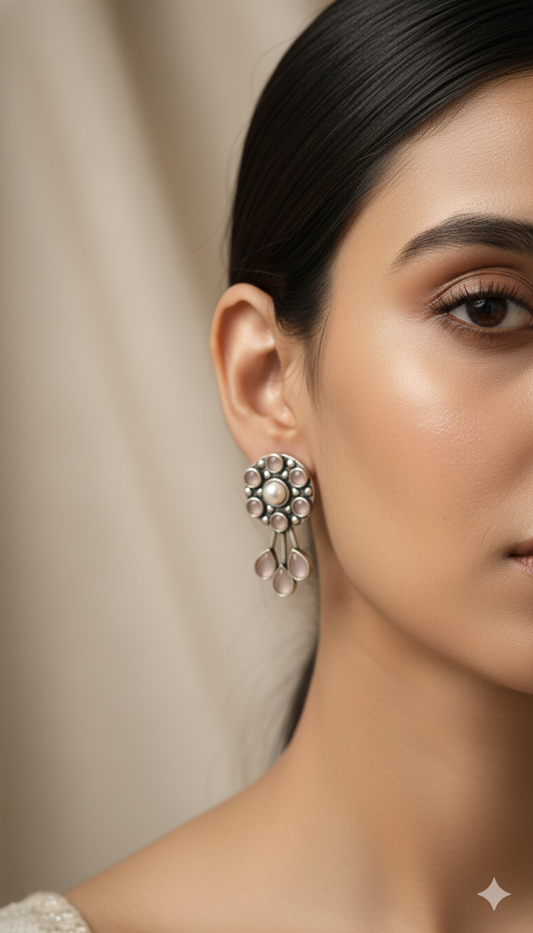 German Silver Pearl & Amethyst Drop Earrings