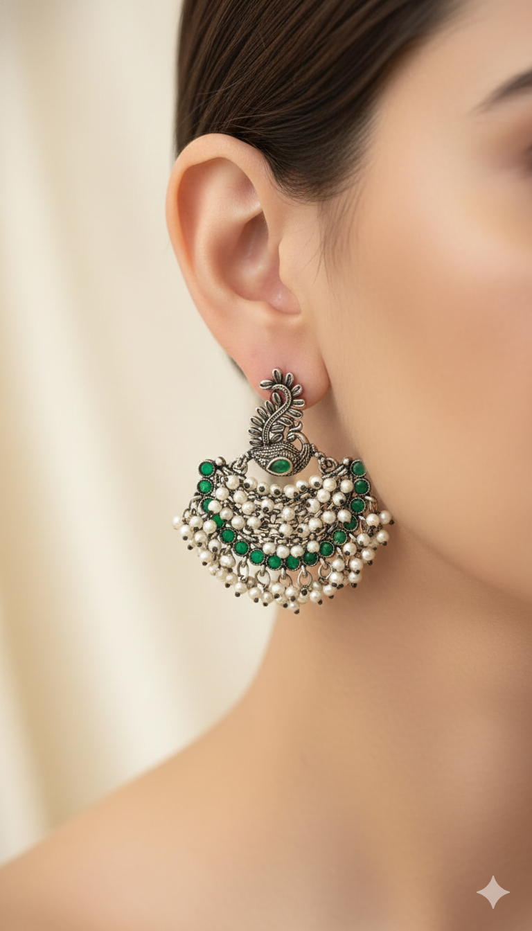 Handcrafted Peacock-Inspired Emerald Green Statement Earrings