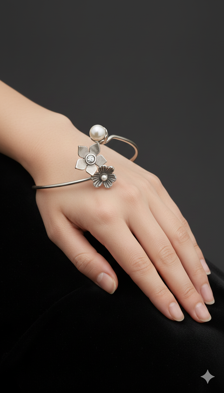 Floral Pearl Silver Open Bangle Bracelet with Stone Accent