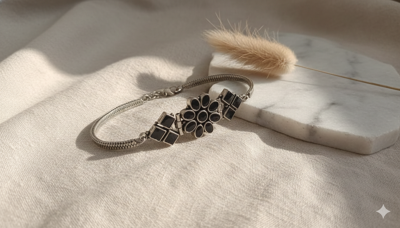 Elegant Black Stone German Silver Bracelet for Women