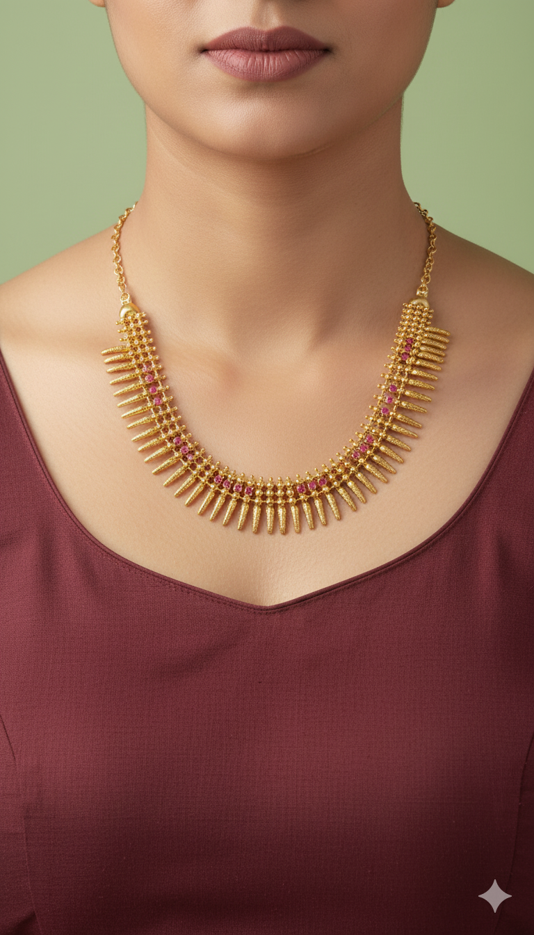 Traditional Maharashtrian Ruby-Pink Antique Gold Necklace – 1 Gram Gold Polish