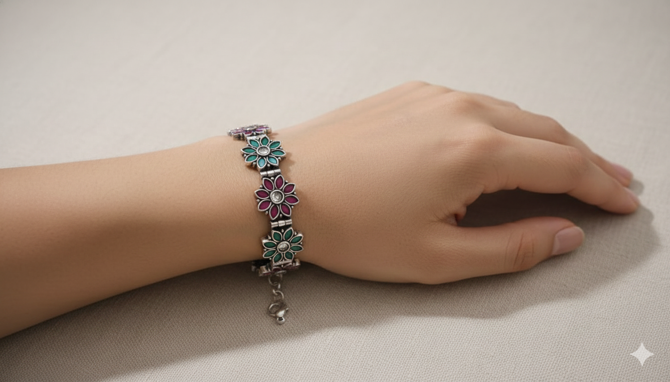 Multicolour Floral German Silver Bracelet for Women