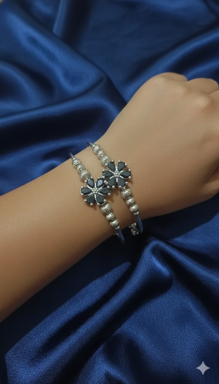Silver Floral Black Stone Adjustable Bracelet
