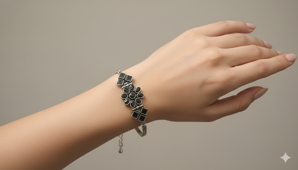 Elegant Black Stone German Silver Bracelet for Women