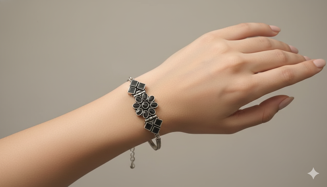 Elegant Black Stone German Silver Bracelet for Women