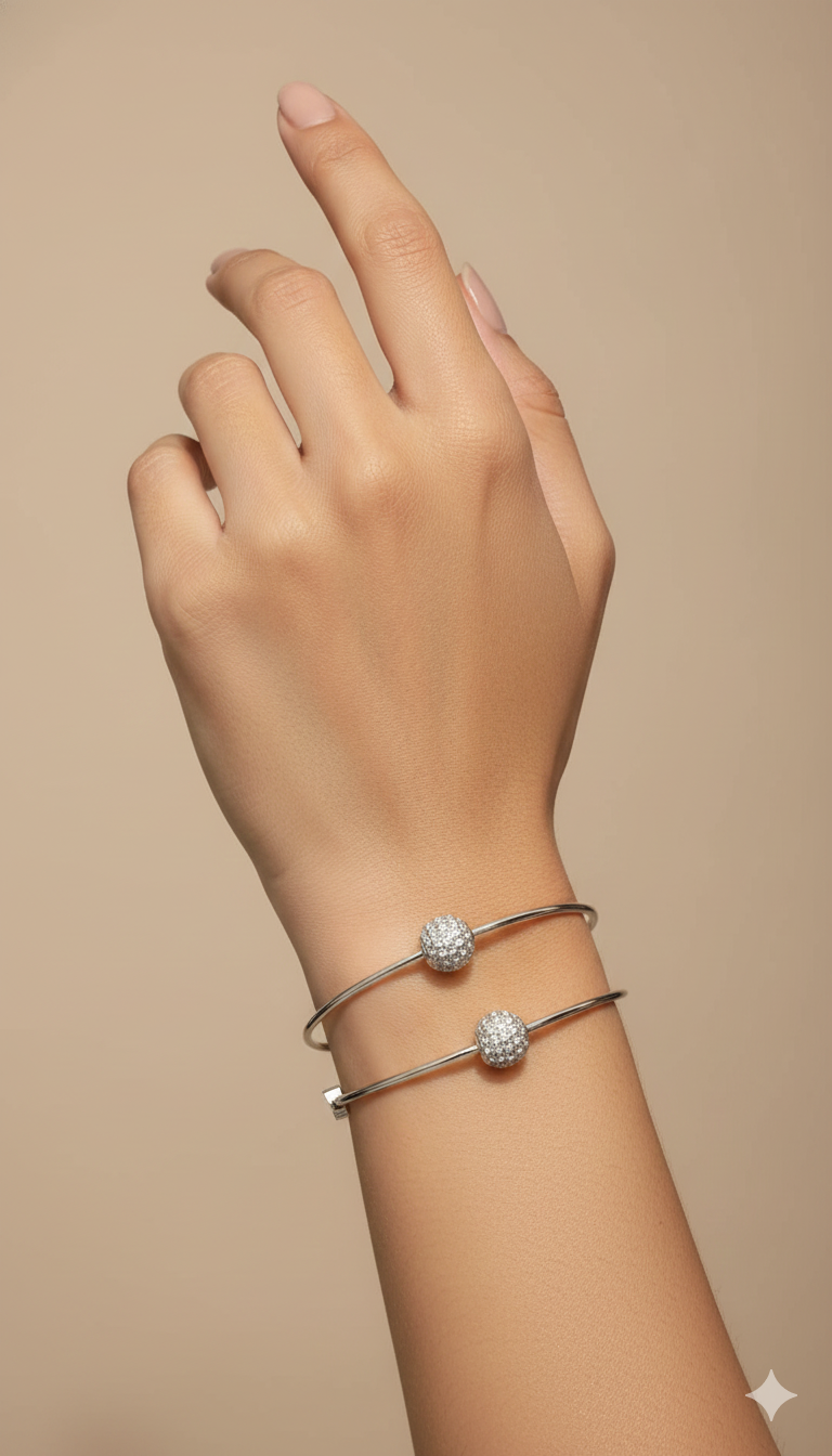 Silver Adjustable Crystal Ball Bangle Set