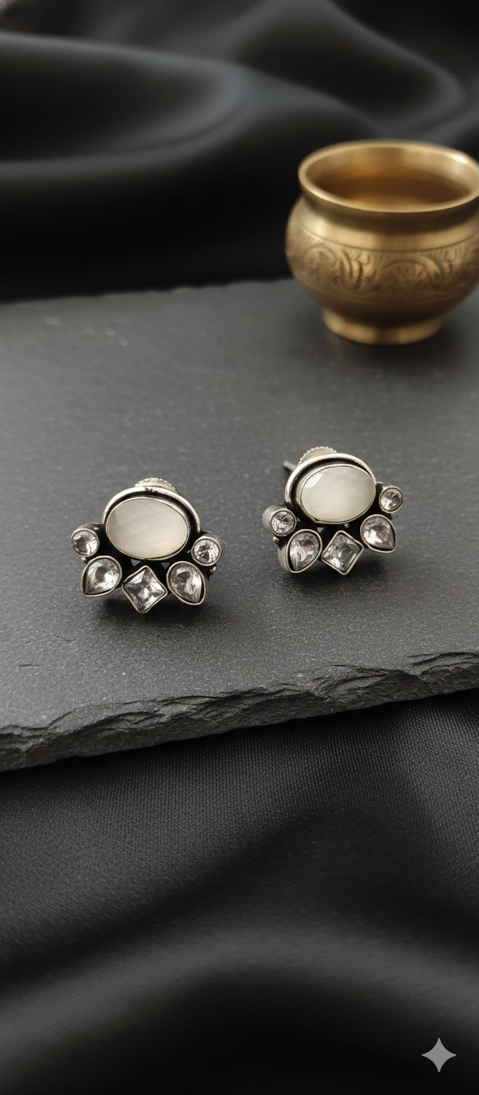 Natural Stone German Silver Stud Earrings