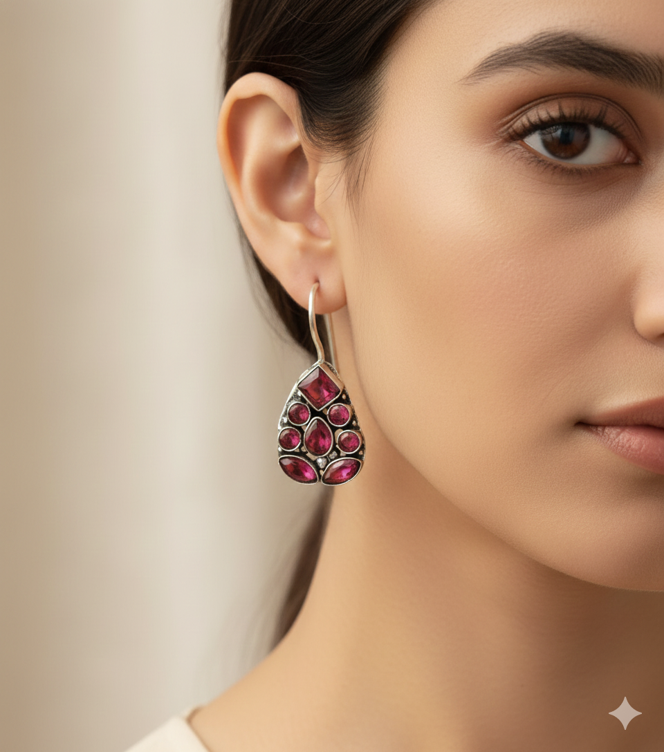 German Silver Ruby-Red Teardrop Earrings