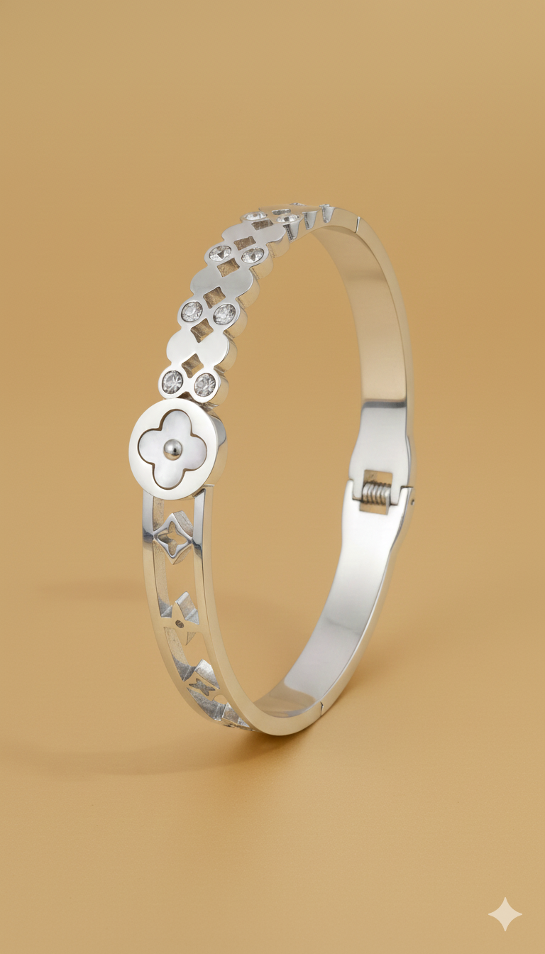 Silver Mother-of-Pearl Floral Crystal Hinged Bangle Bracelet