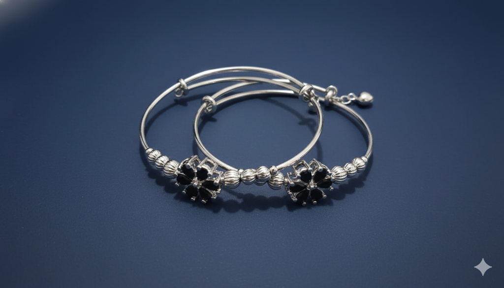 Silver Floral Black Stone Adjustable Bracelet