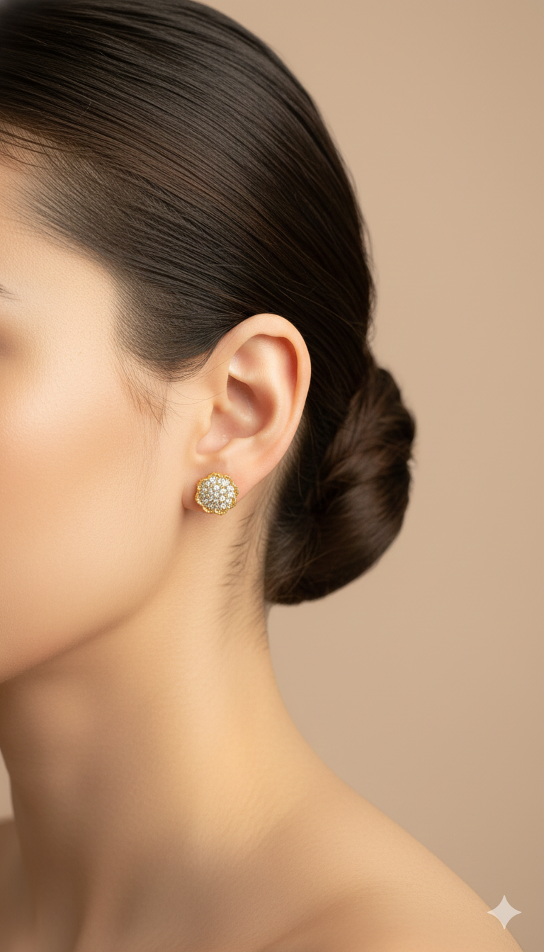 Gold Floral Stud Earrings with White Stone Cluster