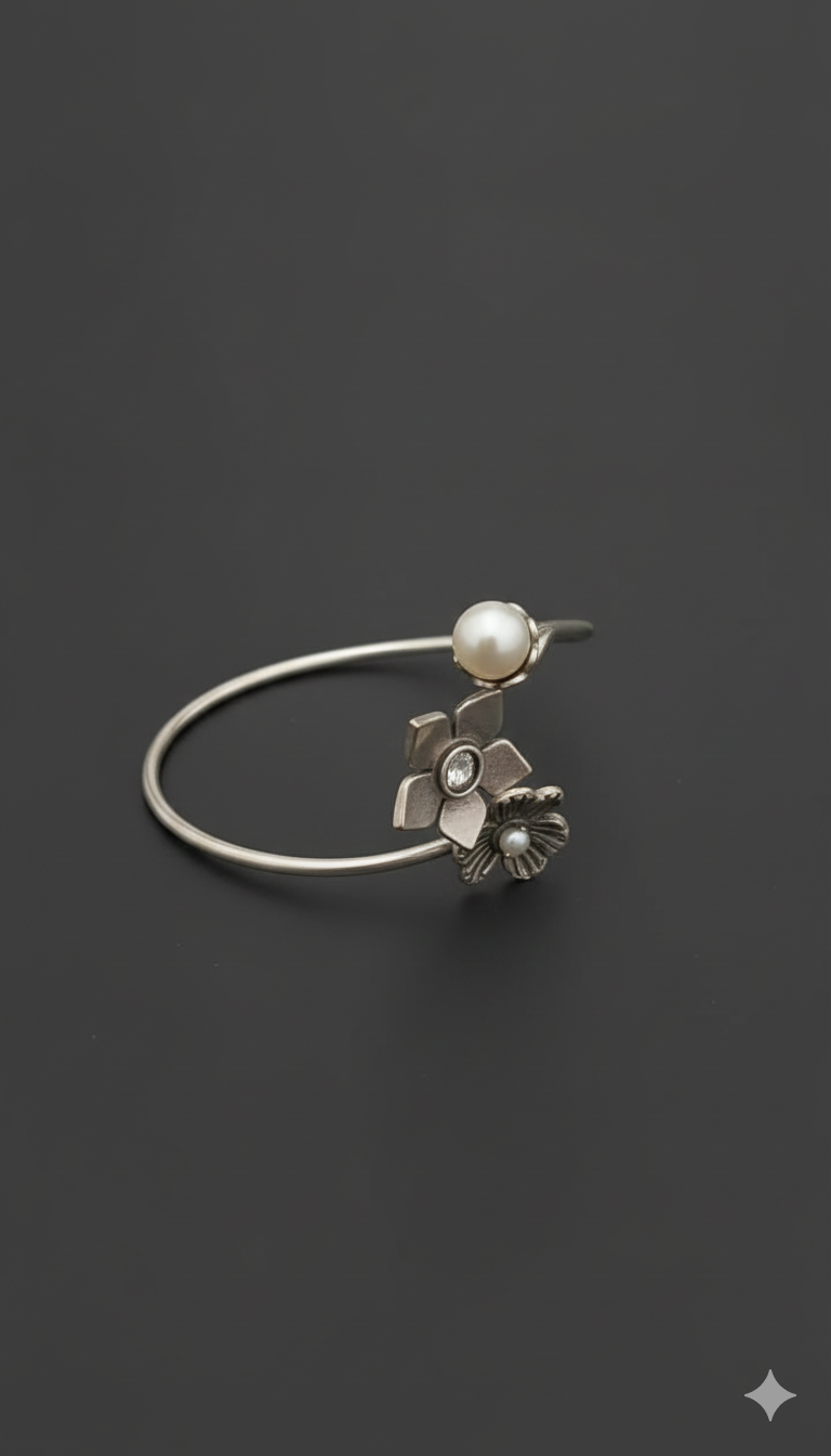 Floral Pearl Silver Open Bangle Bracelet with Stone Accent