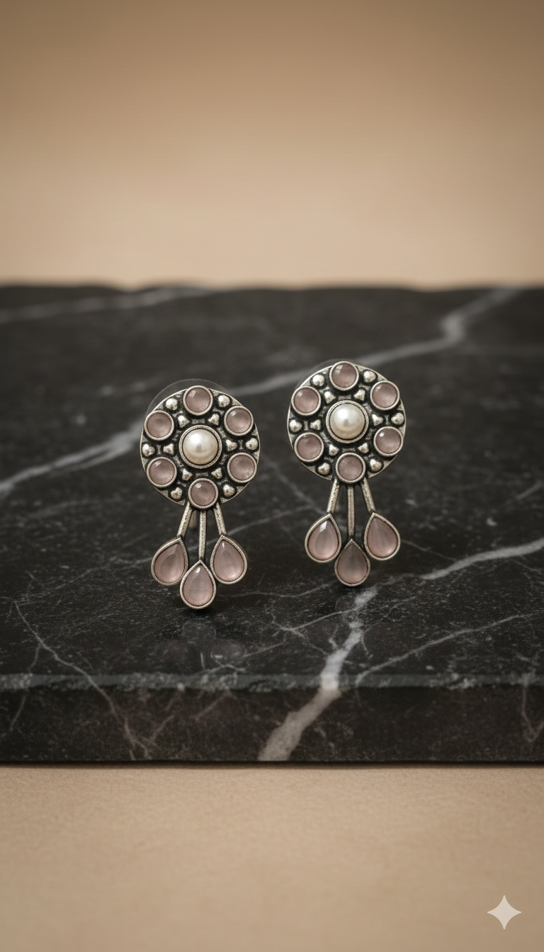 German Silver Pearl & Amethyst Drop Earrings