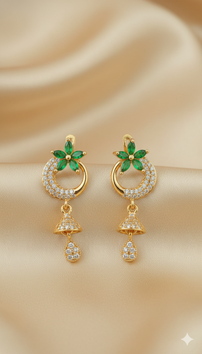 Gold CZ Green Leaf Drop Earrings with Jhumka Design
