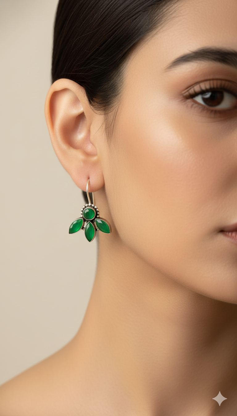 Green Stone Silver Drop Earrings