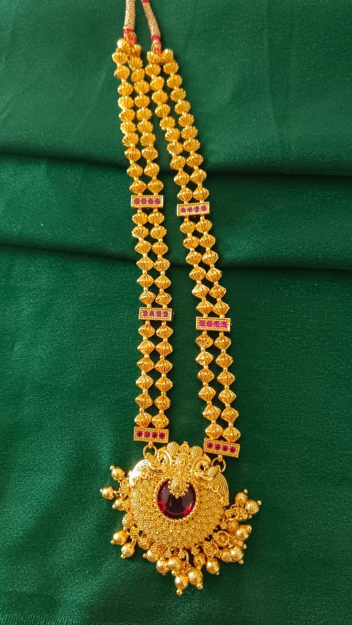 Antique Gold Plated Dholki Mala with Grand Temple Pendant