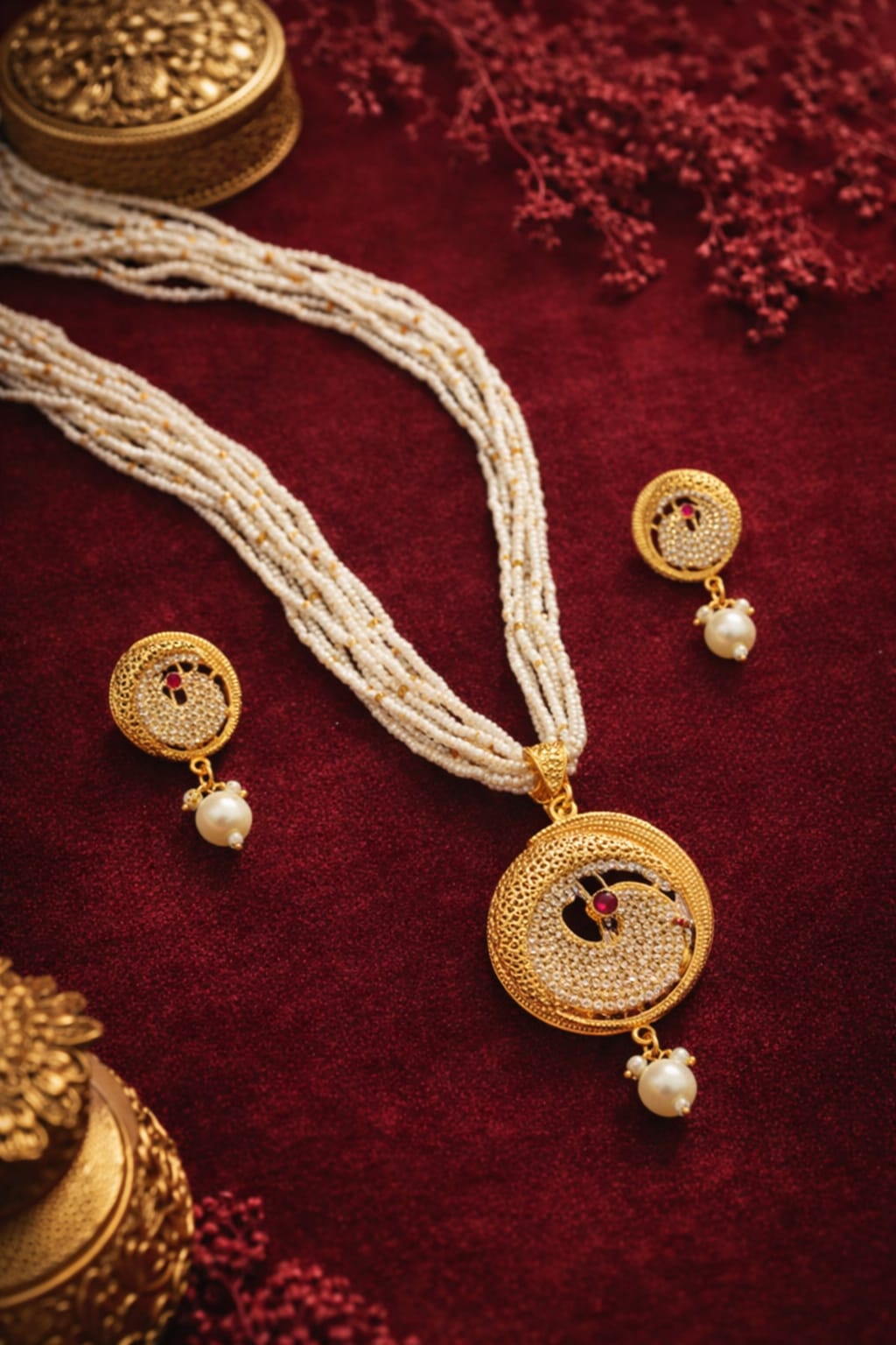 Antique Gold Pearl Beaded Pendant Necklace Set