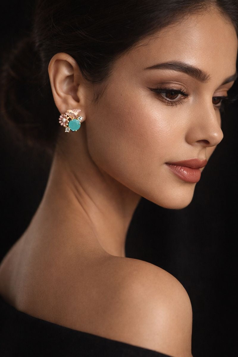 Elegant Turquoise & Pink Floral Butterfly Stud Earrings