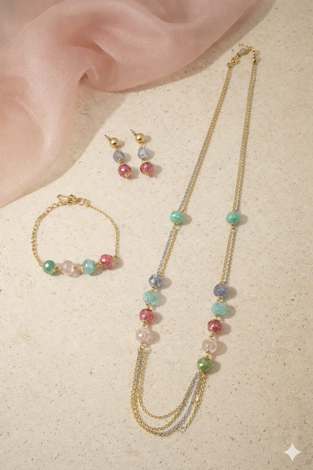 Layered Beaded Necklace Bracelet Earring Set