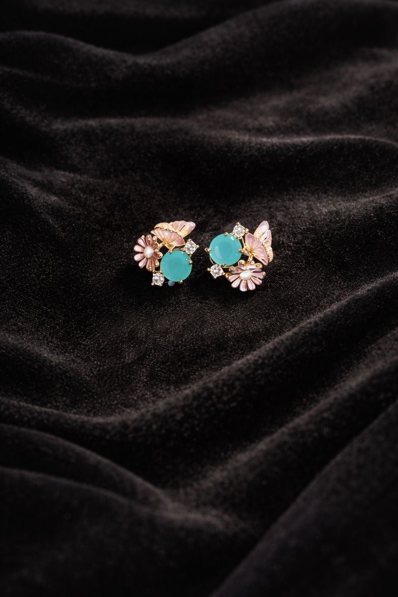Elegant Turquoise & Pink Floral Butterfly Stud Earrings