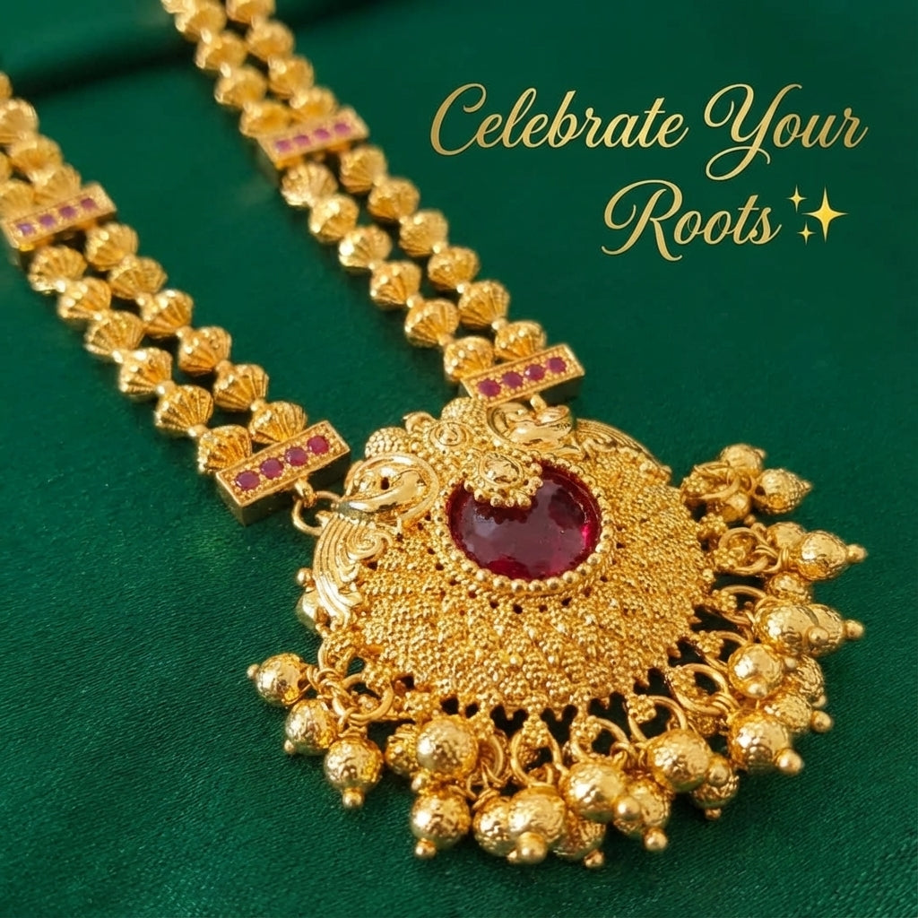 Antique Gold Plated Dholki Mala with Grand Temple Pendant