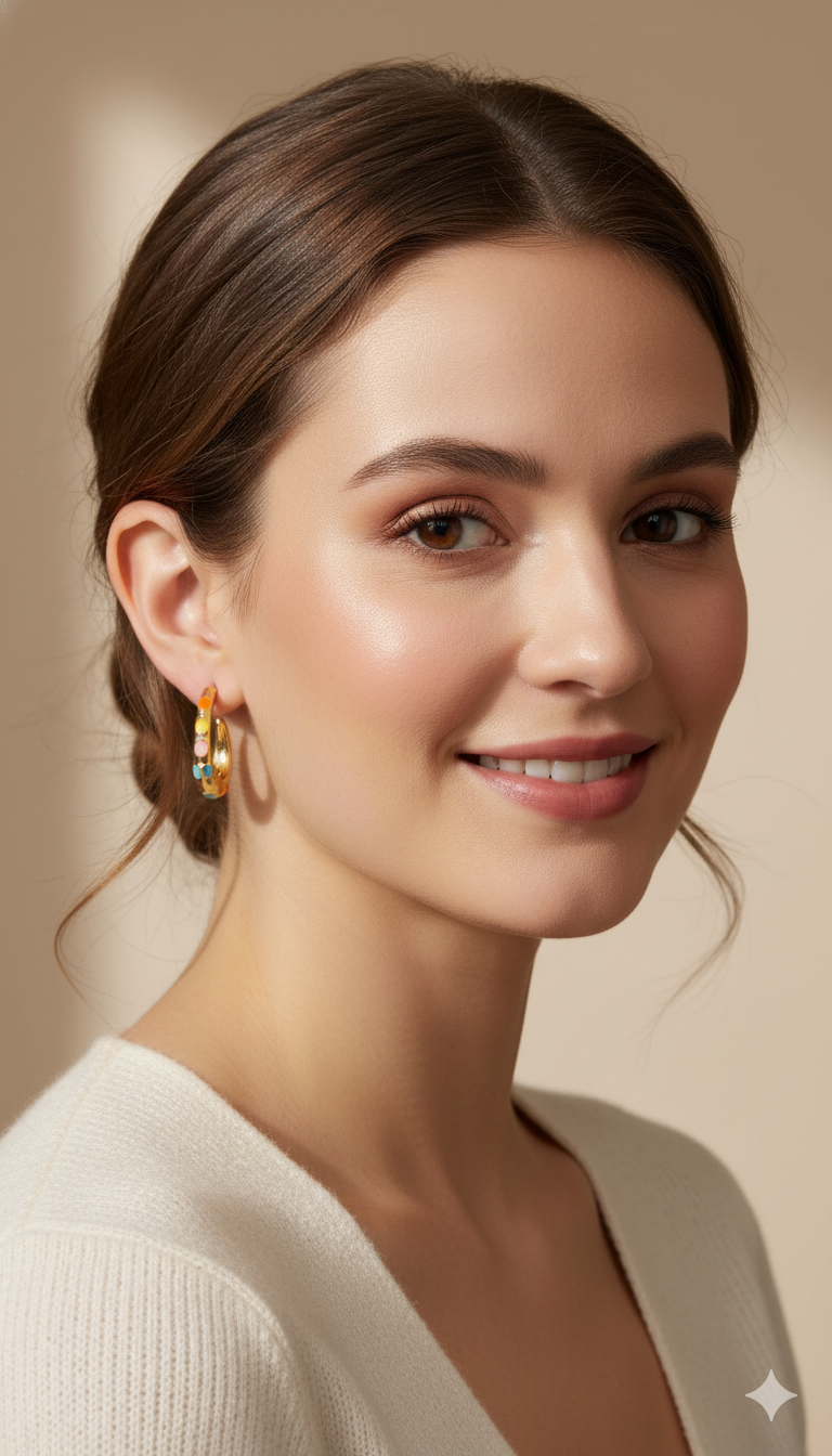 Gold Crescent Hoop Earrings with Multicolor Stones