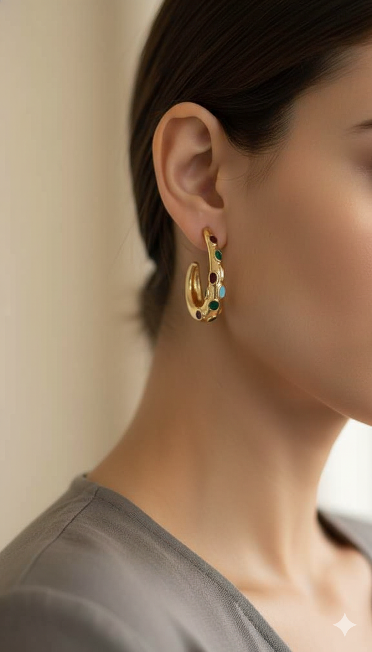 Gold-Tone Crescent Hoop Earrings with Multicolor Stone Detailing