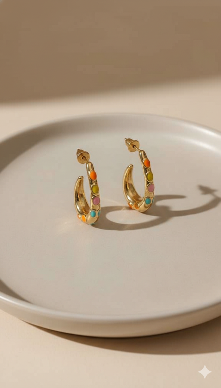 Gold Crescent Hoop Earrings with Multicolor Stones