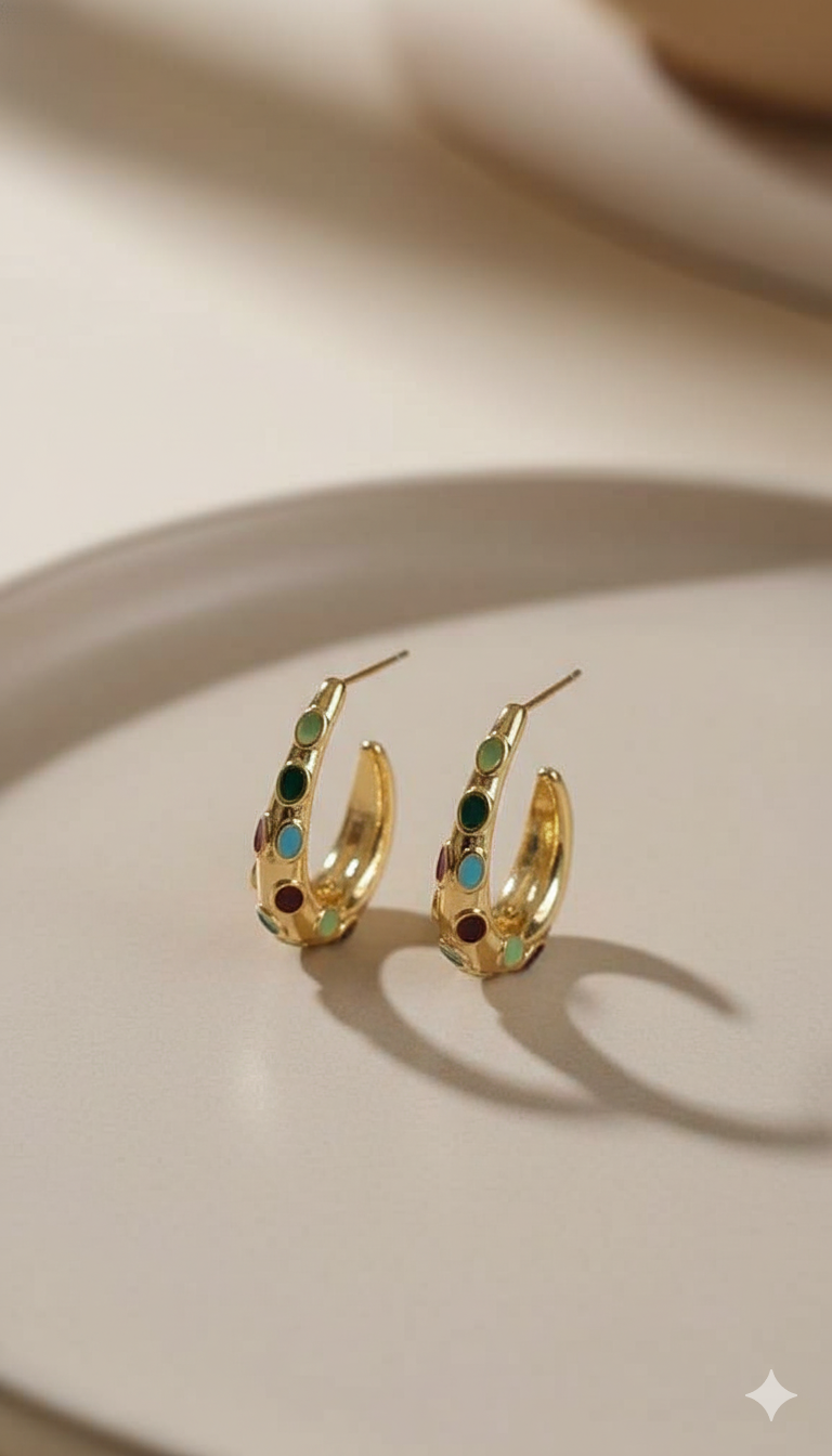 Gold-Tone Crescent Hoop Earrings with Multicolor Stone Detailing