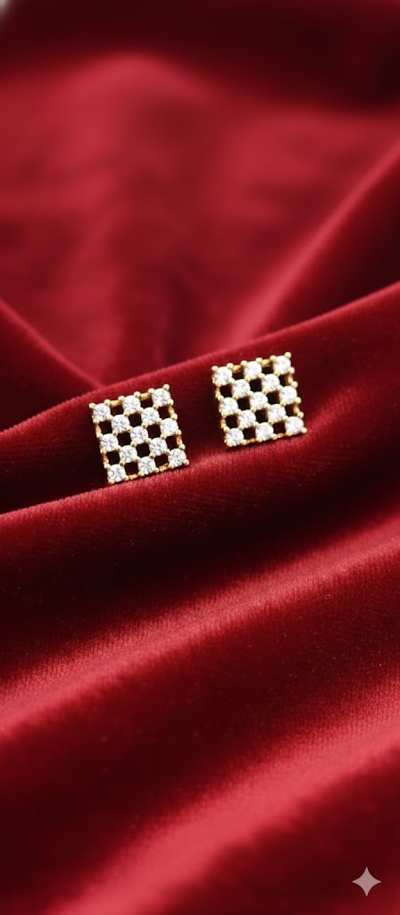 Square CZ Diamond-Pattern Gold Stud Earrings