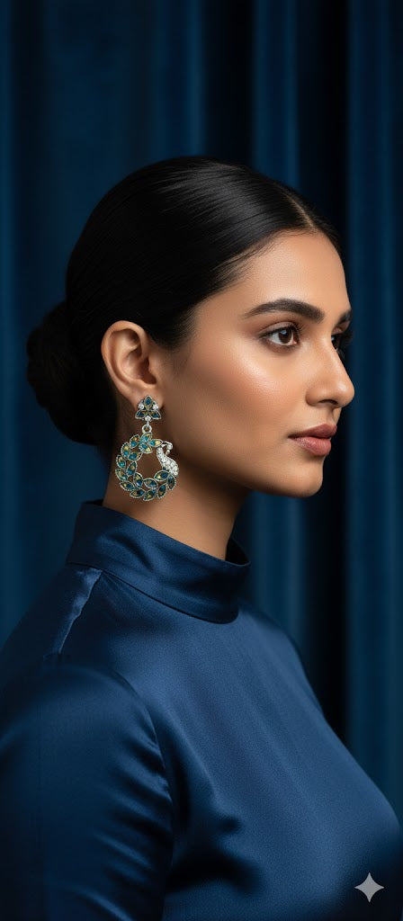 Peacock Motif Crystal Circular Drop Earrings