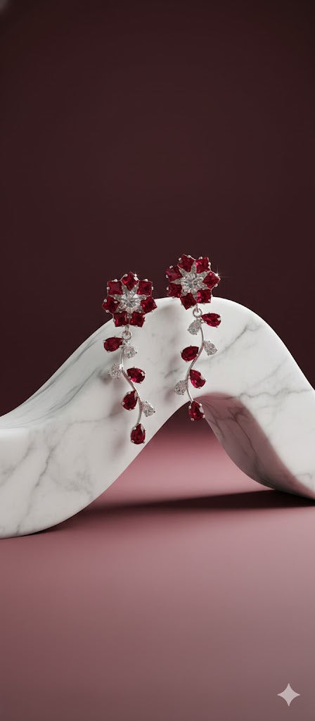 Ruby Red Floral Drop Earrings