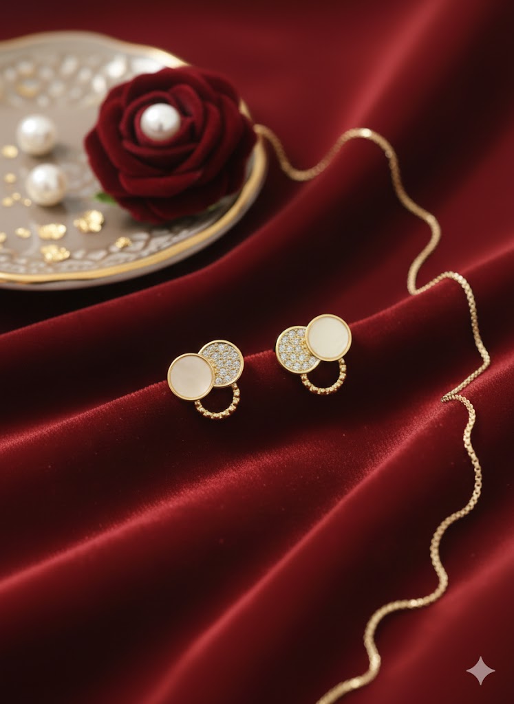 Dual-Circle CZ & Pearl-Finish Gold Stud Earrings